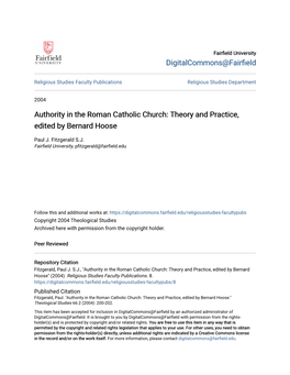 Authority in the Roman Catholic Church: Theory and Practice, Edited by Bernard Hoose