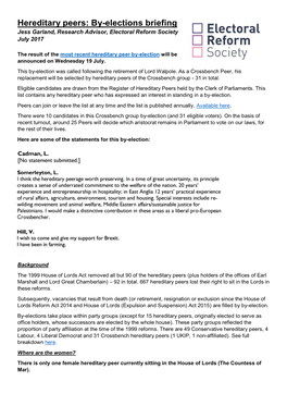 Hereditary Peers: By-Elections Briefing Jess Garland, Research Advisor, Electoral Reform Society July 2017