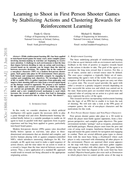 Learning to Shoot in First Person Shooter Games by Stabilizing Actions and Clustering Rewards for Reinforcement Learning