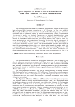 Species Composition and Diversity of Fishes in the South China Sea, Area I: Gulf of Thailand and East Coast of Peninsular Malaysia