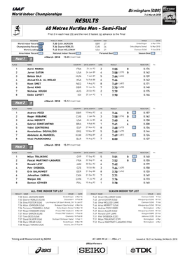 RESULTS 60 Metres Hurdles Men - Semi-Final First 2 in Each Heat (Q) and the Next 2 Fastest (Q) Advance to the Final