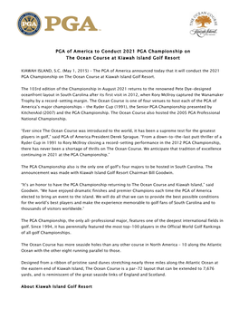 PGA of America to Conduct 2021 PGA Championship on the Ocean Course at Kiawah Island Golf Resort