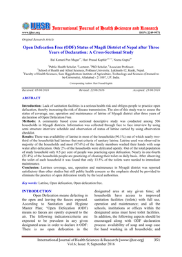 Open Defecation Free (ODF) Status of Magdi District of Nepal After Three Years of Declaration: a Cross-Sectional Study