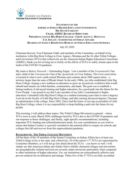 CHAIR, AIHEC B July 29, 2020 Chairman Hoeven, Vice-Chairman Udall, and Members of the Committee, on Behalf of My Institution, Li