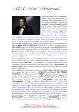 DIMITRI PLATANIAS – Baritone Born in Greece, He Is Now Recognised As One of the Foremost Verdi Baritones of the Younger Generation