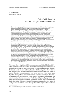 Rick Bowers Freire (With Bakhtin) and the Dialogic Classroom Seminar