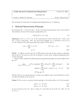 Lecture 12 1 Matroid Intersection Polytope