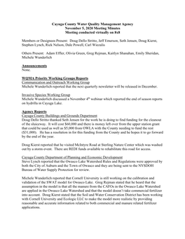 Cayuga County Water Quality Management Agency November 5, 2020 Meeting Minutes Meeting Conducted Virtually on 8X8 Members Or