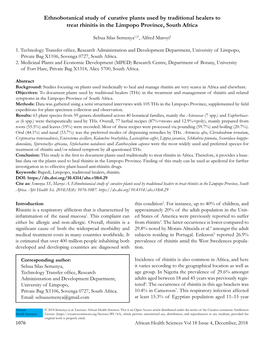 Ethnobotanical Study of Curative Plants Used by Traditional Healers to Treat Rhinitis in the Limpopo Province, South Africa