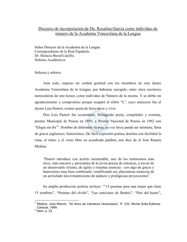 Discurso De Incorporación De Da. Rosalina García Como Individuo De Número De La Academia Venezolana De La Lengua