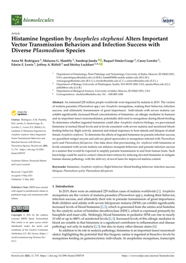 Histamine Ingestion by Anopheles Stephensi Alters Important Vector Transmission Behaviors and Infection Success with Diverse Plasmodium Species