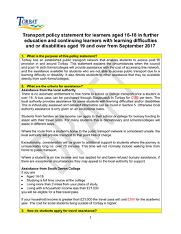 Transport Policy Statement for Learners Aged 16-18 in Further Education and Continuing Learners with Learning Difficulties and O