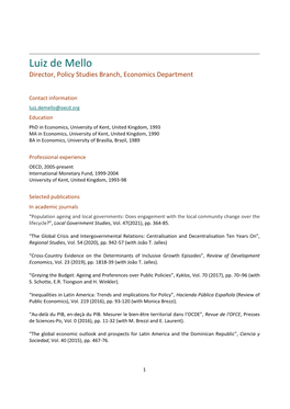 Luiz De Mello Director, Policy Studies Branch, Economics Department