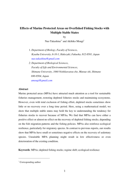 Effects of Marine Protected Areas on Overfished Fishing Stocks with Multiple Stable States by Nao Takashina1* and Akihiko Mougi2