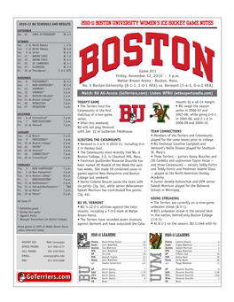 BU Schedule and RESULTS 2010-11 BOSTON UNIVERSITY WOMEN’S ICE HOCKEY GAME NOTES