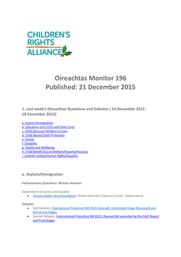 Oireachtas Monitor 196 Published: 21 December 2015