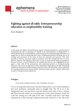 Fighting Against All Odds: Entrepreneurship Education As Employability Training