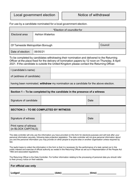 Notice of Withdrawal Local Government Election