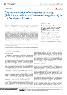 Organic Cultivation of Two Species of Pitahaya (Selenicereus Undatus and Selenicereus Megalanthus) in the Southeast of Mexico