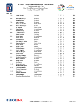 Workday Championship at the Concession the Concession Golf Club Final Round Pairings and Starting Times Sunday, February 28, 2021