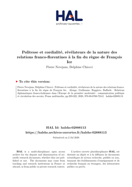 Politesse Et Cordialité, Révélateurs De La Nature Des Relations Franco-Florentines À La Fin Du Règne De François Ier Pierre Nevejans, Delphine Chiocci