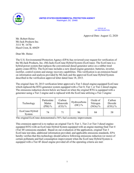 Verification Approval Letter from EPA to Mi-Jack Products, Inc. Regarding the Ecocrane Hybrid System