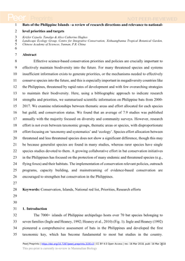 Bats of the Philippine Islands –A Review of Research Directions and Relevance to National- 2 Level Priorities and Targets 3 Krizler Cejuela