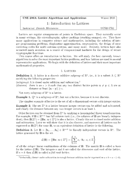 Introduction to Lattices Instructor: Daniele Micciancio UCSD CSE