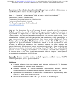 Dynamic Control Over Feedback Regulation Identifies Pyruvate-Ferredoxin Oxidoreductase As a Central Metabolic Enzyme in Stationary Phase E