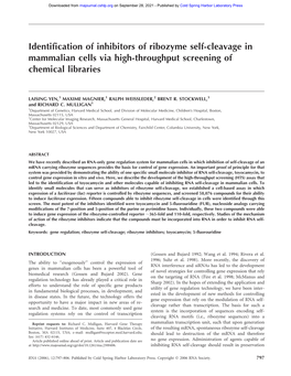 Identification of Inhibitors of Ribozyme Self-Cleavage in Mammalian Cells Via High-Throughput Screening of Chemical Libraries