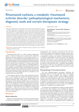 Rheumatoid Cachexia, a Metabolic Rheumatoid Arthritis Disorder: Pathophysiological Mechanisms, Diagnostic Tools and Current Therapeutic Strategy
