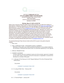 Members of the Public Are Invited to Address the Board on Any Subject Related to the Activities of Alameda Municipal Power Not Otherwise Appearing on the Agenda