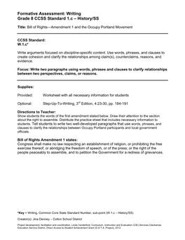 Formative Assessment: Writing Grade 8 CCSS Standard 1.C – History/SS