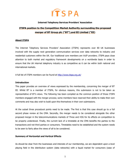 ITSPA Position to the Competition Market Authority Surrounding the Proposed Merger of BT Group Plc (“BT”) and EE Limited (“EE)