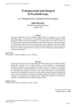 Lo Transpersonal E Integral En Psicoterapia John Rowan