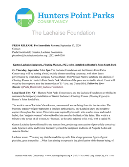 September 17, 2020 Contact: Paula Hornbostel | Director, Lachaise Foundation Phornbos@Lachaisefoundation.Org | (212) 605-0380