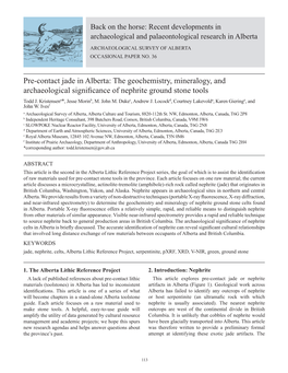 Pre-Contact Jade in Alberta: the Geochemistry, Mineralogy, and Archaeological Significance of Nephrite Ground Stone Tools Todd J