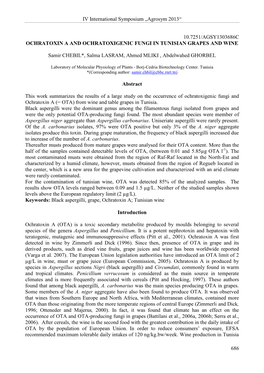 Ochratoxin a and Ochratoxigenic Fungi in Tunisian Grapes and Wine