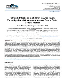 Helminth Infections in Children in Anza-Ihugh, Vandeikya Local Government Area of Benue State, Central Nigeria