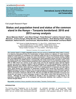 Status and Population Trend and Status of the Common Eland in the Kenya – Tanzania Borderland: 2010 and 2013 Survey Analysis