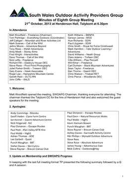 Minutes of Eighth Group Meeting 21St October, 2013 at Henderson Hall, Talybont at 6.30Pm