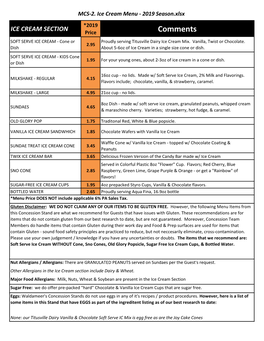 ICE CREAM SECTION Price Comments SOFT SERVE ICE CREAM ‐ Cone Or Proudly Serving Titusville Dairy Ice Cream Mix