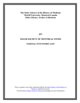 Osler Society of Montreal Fonds, 1921-2010