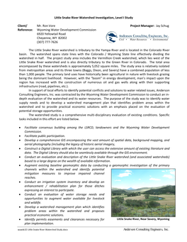 Anderson Consulting Engineers, Inc. Little Snake River Watershed Investigation, Level I Study Client/ Mr. Ron Vore Project Manag