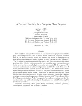 A Proposed Heuristic for a Computer Chess Program