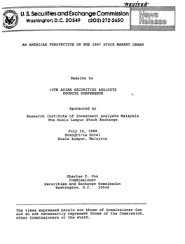 An American Perspective on the 1987 Stock Market Crash