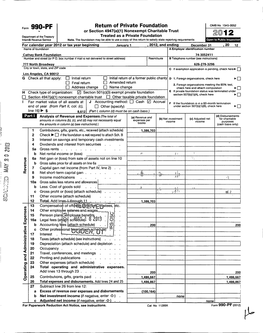 Form 990-PF Or Section 4947(A)(1) Nonexempt Charitable Trust 1 2012 Department of the Treasury Treated As a Private Foundation Internll Revenue Service Note