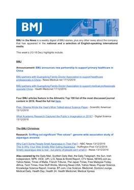 BMJ in the News Is a Weekly Digest of BMJ Stories, Plus Any Other News