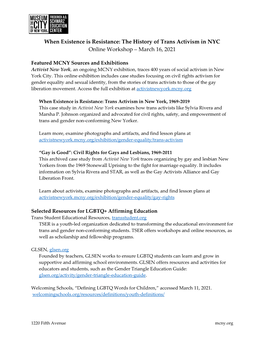 The History of Trans Activism in NYC Online Workshop – March 16, 2021