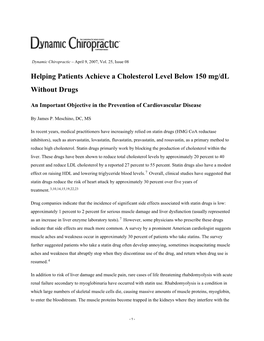 Helping Patients Achieve a Cholesterol Level Below 150 Mg/Dl Without Drugs